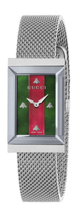 Gucci G Frame Red and Green Dial Silver Mesh Bracelet Watch For Women - YA147401