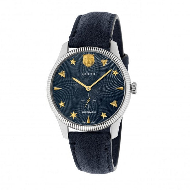 Gucci G Timeless Automatic Blue Dial Black Leather Strap Watch For Men - YA126347