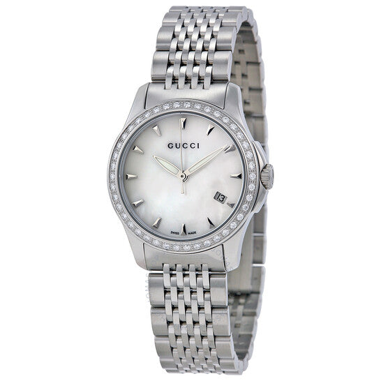 Gucci G Timeless Diamonds Mother of Pearl Dial Silver Steel Strap Watch For Women - YA126506