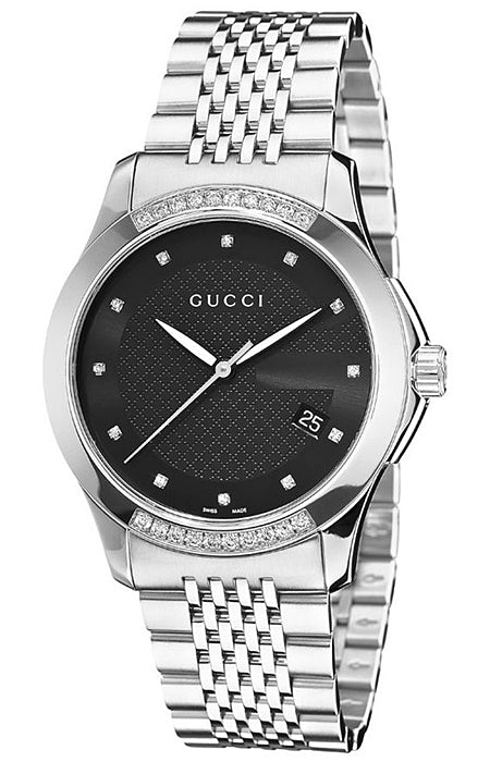 Gucci G Timeless Diamonds Black Dial Silver Steel Strap Watch For Women - YA126408