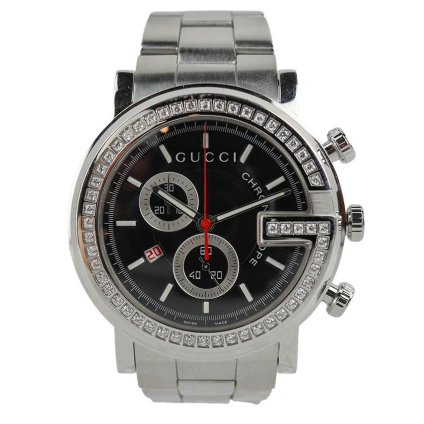 Gucci G Chrono Diamonds Black Dial Silver Steel Strap Watch For Men - YA101324