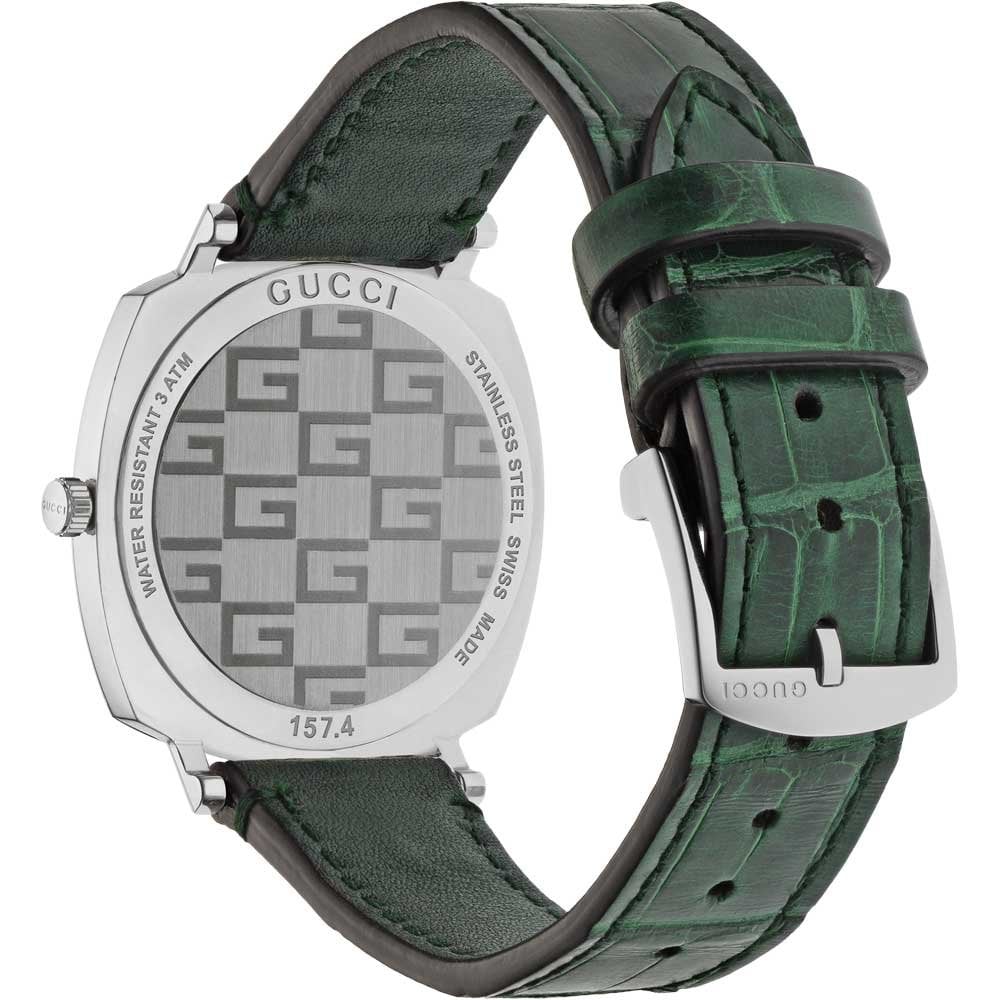 Gucci Grip Quartz Silver Dial Green Leather Strap Watch For Women - YA157404