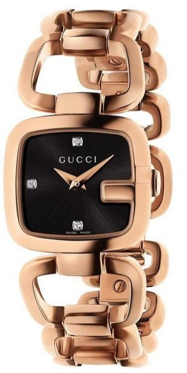 Gucci G Ladies Quartz Diamonds Black Dial Rose Gold Steel Strap Watch For Women - YA125512