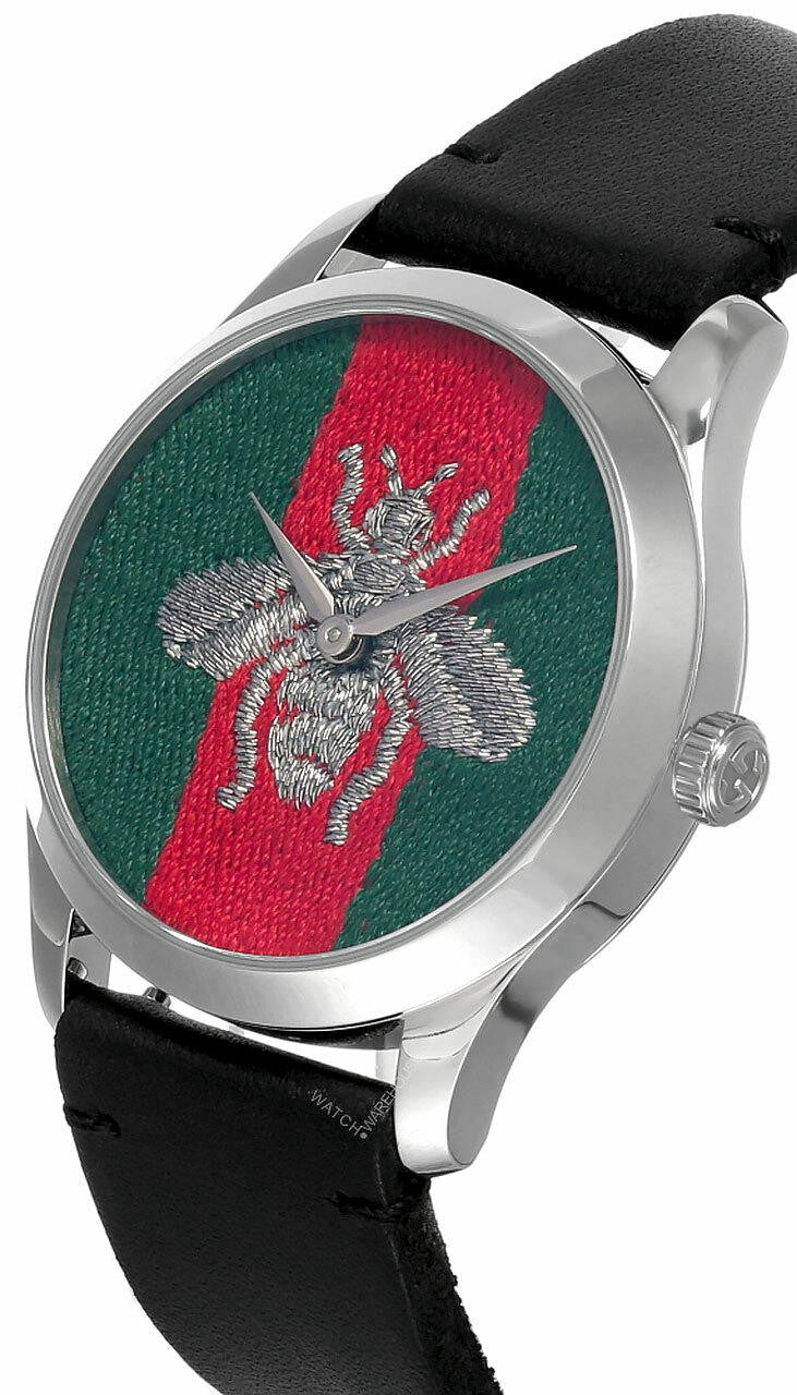 Gucci G Timeless Quartz Green & Red Dial Black Leather Strap Watch For Men - YA1264149