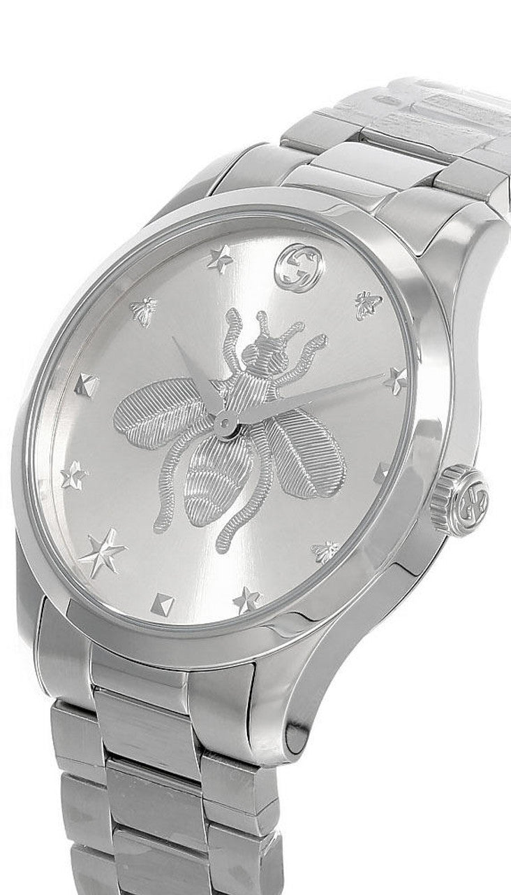 Gucci G Timeless Bee Motif Silver Dial Silver Steel Strap Watch For Women - YA1264126