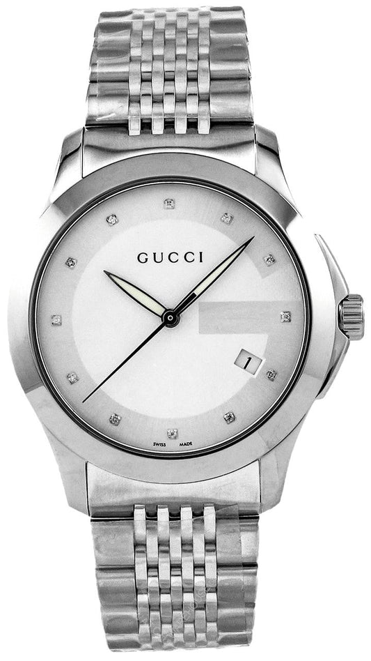 Gucci G Timeless Diamonds White Dial Silver Steel Strap Watch For Men - YA126404