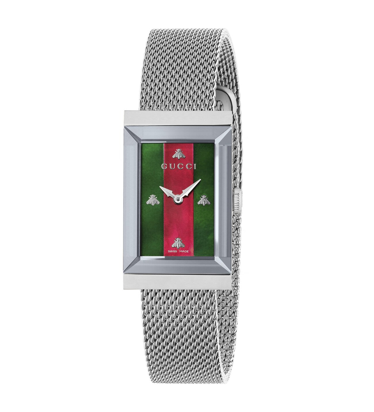 Gucci G Frame Red and Green Dial Silver Mesh Bracelet Watch For Women - YA147401