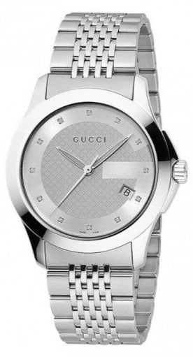 Gucci G Timeless Diamonds White Dial Silver Steel Strap Watch For Men - YA126404