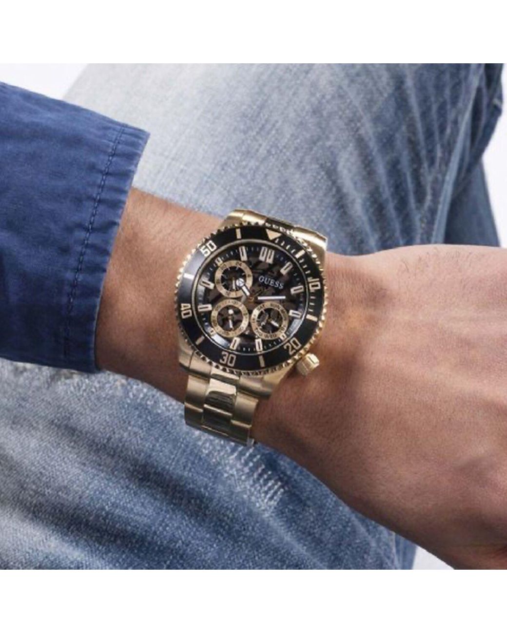 Guess Chaser Chronograph Black Dial Gold Steel Strap Watch for Men - W0170G2