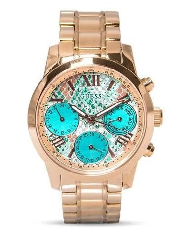 Guess Mini Sunrise Multi Function Analog Turquoise Dial Rose Gold Steel Strap Watch For Women - W0448L8