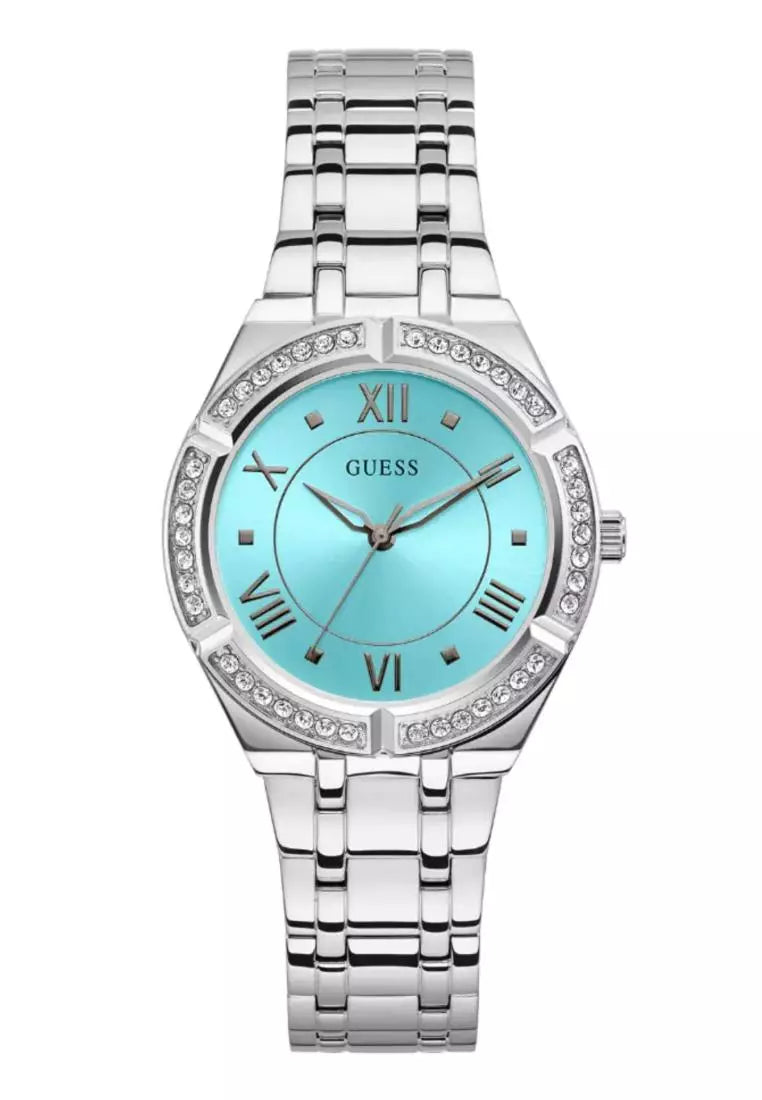 Guess Cosmo Diamonds Turquoise Dial Silver Steel Strap Watch for Women - GW0033L7