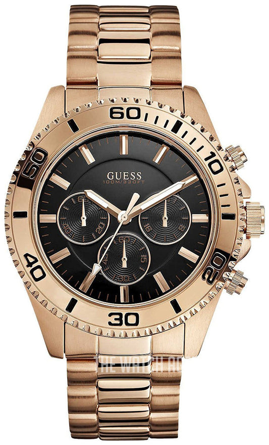 Guess Chaser Chronograph Black Dial Rose Gold Steel Strap Watch for Men - W0170G3