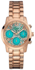 Guess Mini Sunrise Multi Function Analog Turquoise Dial Rose Gold Steel Strap Watch For Women - W0448L8