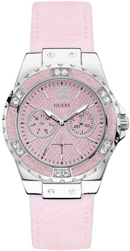 Guess Limelight Quartz Diamonds Pink Dial Pink Denim Strap Watch For Women - W0775l15