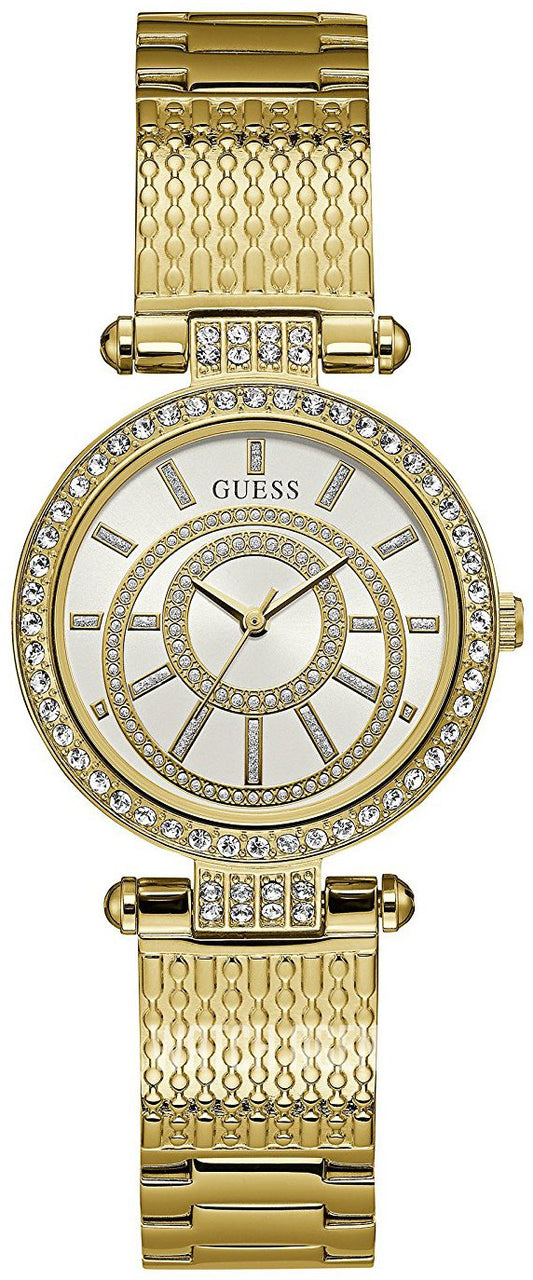 Guess Muse Crystals White Dial Rose Gold Steel Strap Watch For Women - W1008L2