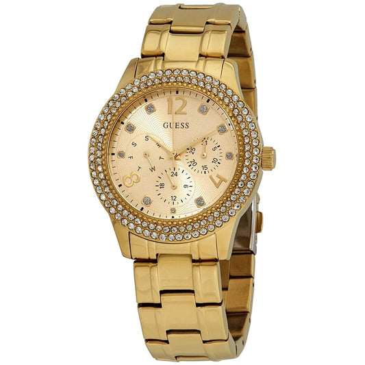 Guess Bedazzle Diamonds Gold Dial Gold Steel Strap Watch For Women - W1097L2