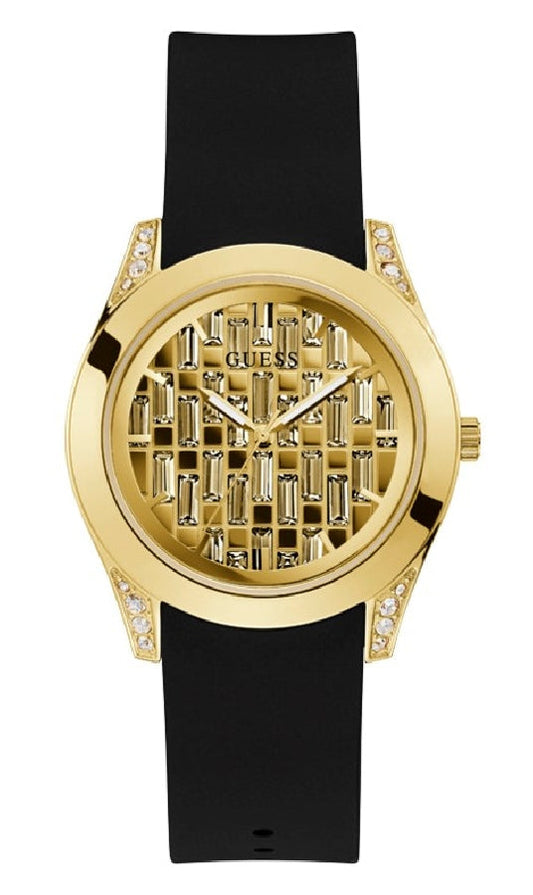 Guess Clarity Gold Dial Black Silicone Strap Watch for Women - GW0109L1