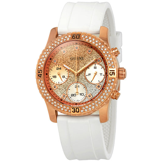 Guess Confetti Crystal Rose Gold Tone White Silicone Strap Watch For Women - W1098L5