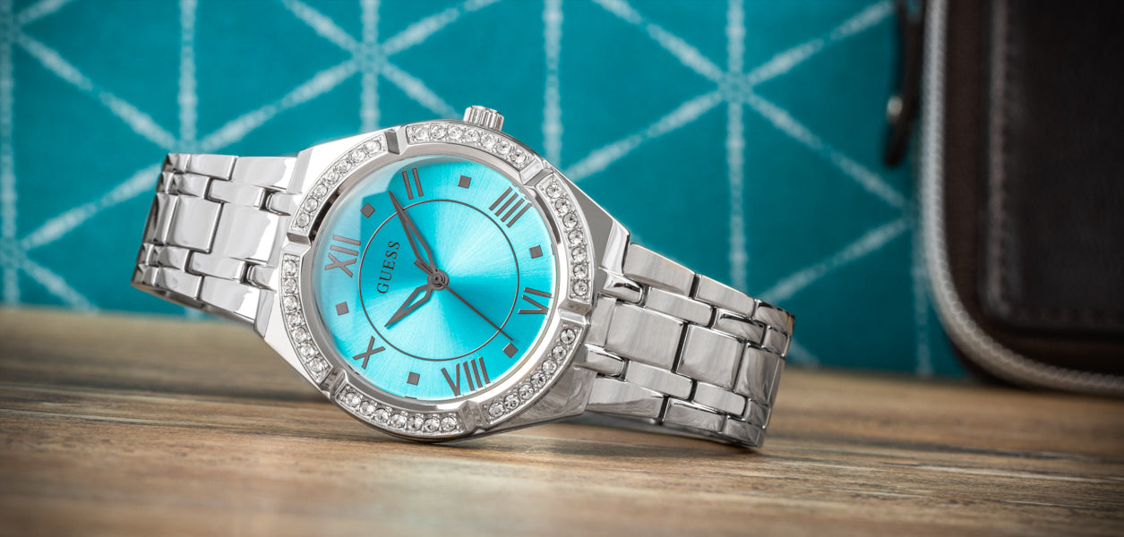 Guess Cosmo Diamonds Turquoise Dial Silver Steel Strap Watch for Women - GW0033L7