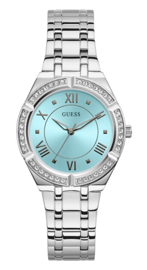 Guess Cosmo Diamonds Turquoise Dial Silver Steel Strap Watch for Women - GW0033L7