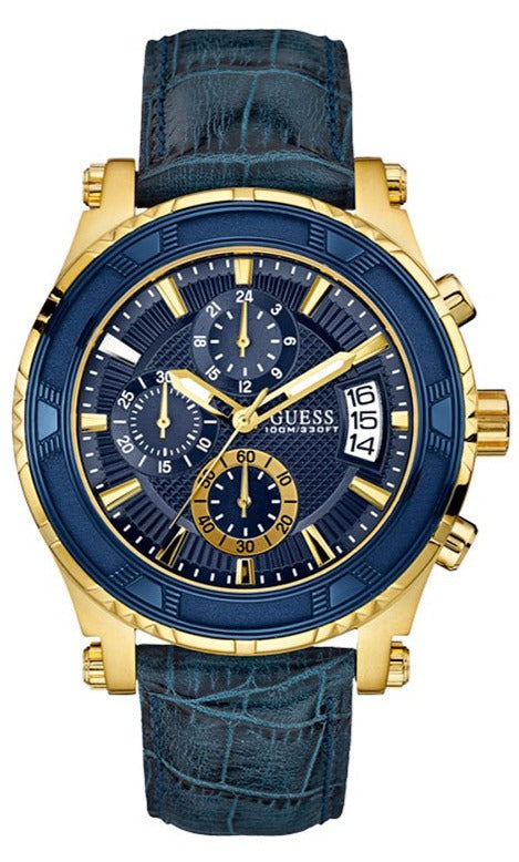 Guess Pinnacle Chronograph Quartz Blue Dial Blue Leather Strap Watch For Men - W0673G2