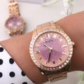 Guess Glitter Diamonds Pink Dial Rose Gold Steel Strap Watch for Women - GW0405L3