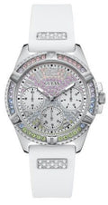 Guess Frontier Diamonds Silver Dial White Rubber Strap Watch for Women - GW0045L1