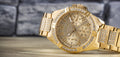 Guess Frontier Diamonds Gold Dial Gold Steel Strap Watch For Women - W1156L2