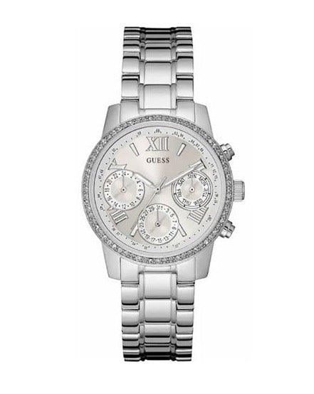 Guess Mini Sunrise Chronograph Quartz Silver Dial Silver Steel Strap Watch For Women - W0623L1