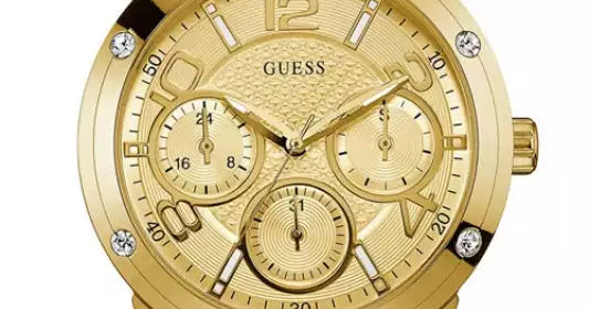 Guess Crystal Multifunction Gold Dial Gold Steel Strap Watch for Women - W0778L2