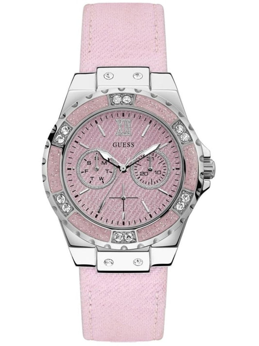 Guess Limelight Quartz Diamonds Pink Dial Pink Denim Strap Watch For Women - W0775l15