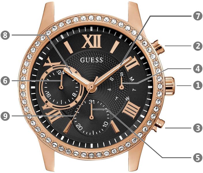 Guess Solar 40mm Black & Rose Gold Dial Black Rubber Strap Watch For Women - W1135L4