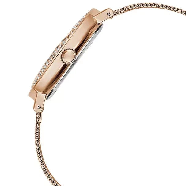 Guess Iconic Diamonds Rose Gold Dial Rose Gold Mesh Bracelet Watch For Women - GW0477L3