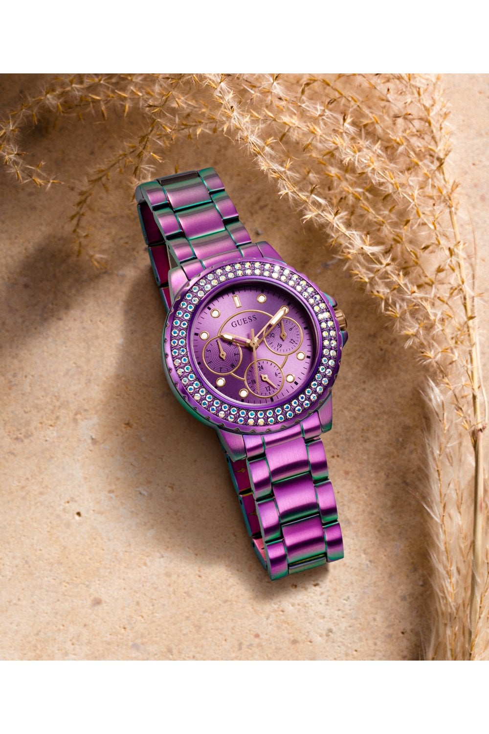 Guess Crown Jewel Diamonds Purple Dial Purple Steel Strap Watch for Women - GW0410L4