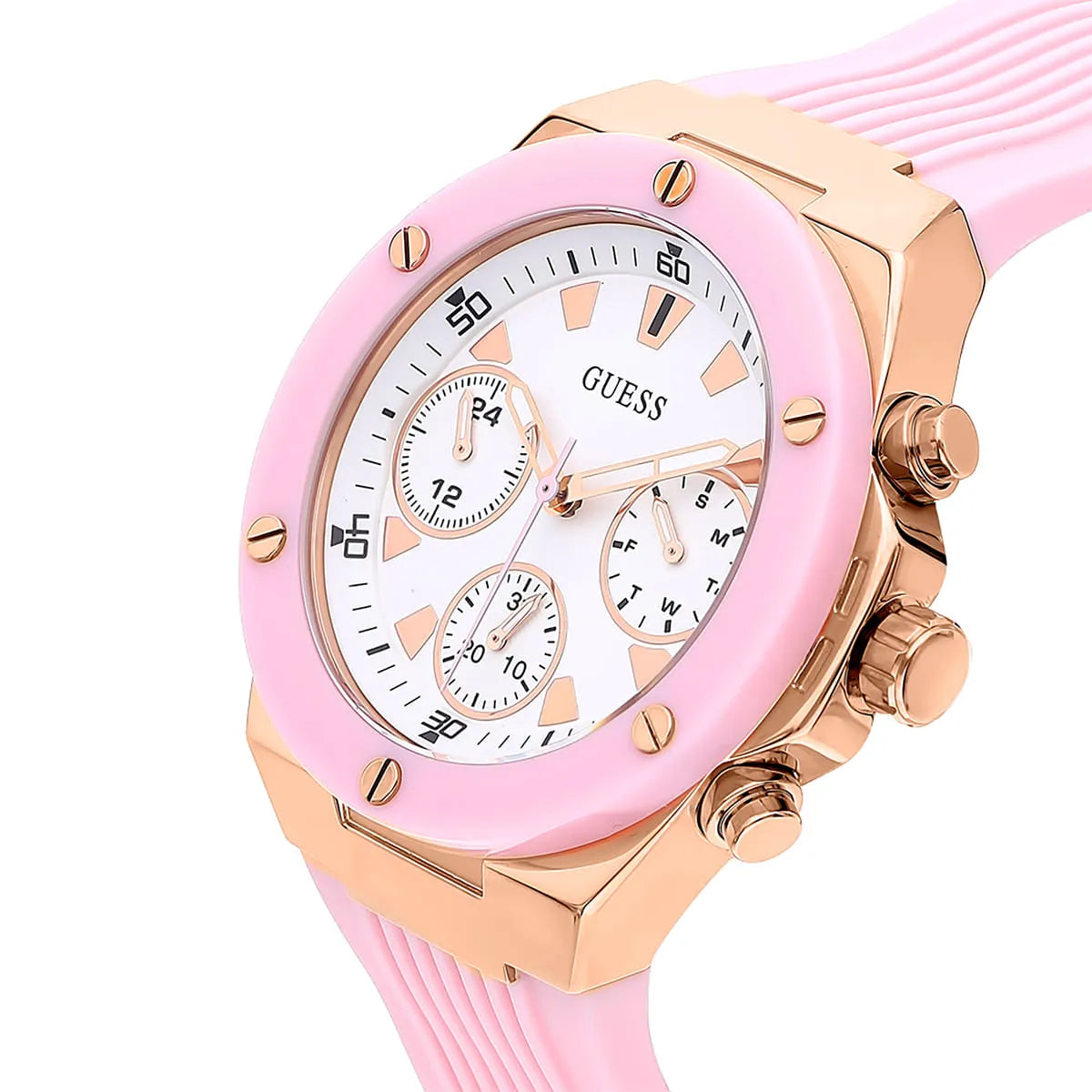 Guess Athena White Dial Pink Rubber Strap Watch For Women - GW0030L4