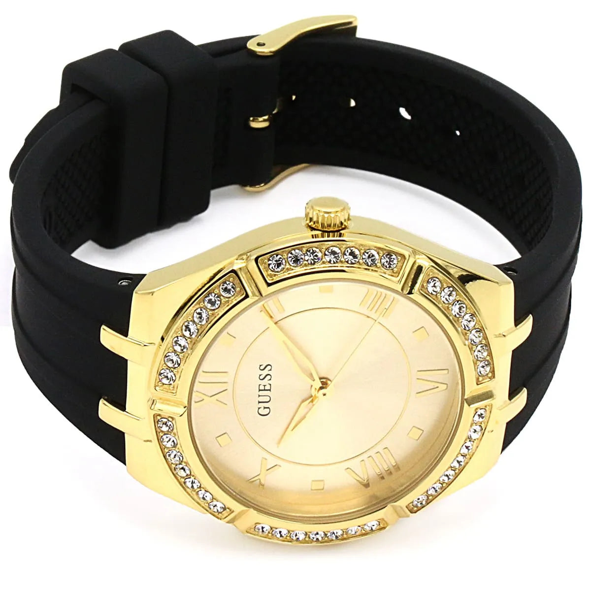 Guess Cosmo Diamonds Gold Dial Black Rubber Strap Watch for Women - GW0034L1