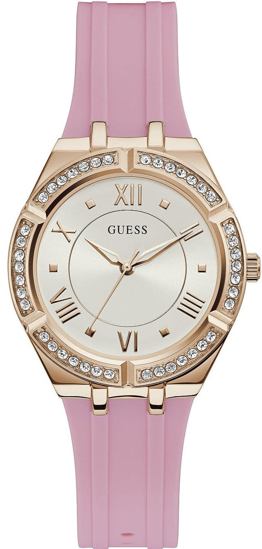 Guess Cosmo Diamonds Silver Dial Pink Silicone Strap Watch for Women - GW0034L3