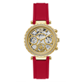 Guess Solstice Diamonds Gold Dial Red Rubber Strap Watch for Women - GW0484L1