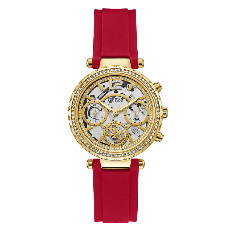 Guess Solstice Diamonds Gold Dial Red Rubber Strap Watch for Women - GW0484L1