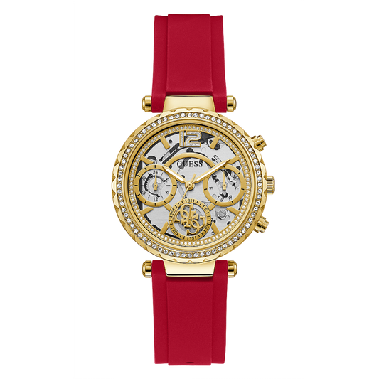 Guess Solstice Diamonds Gold Dial Red Rubber Strap Watch for Women - GW0484L1