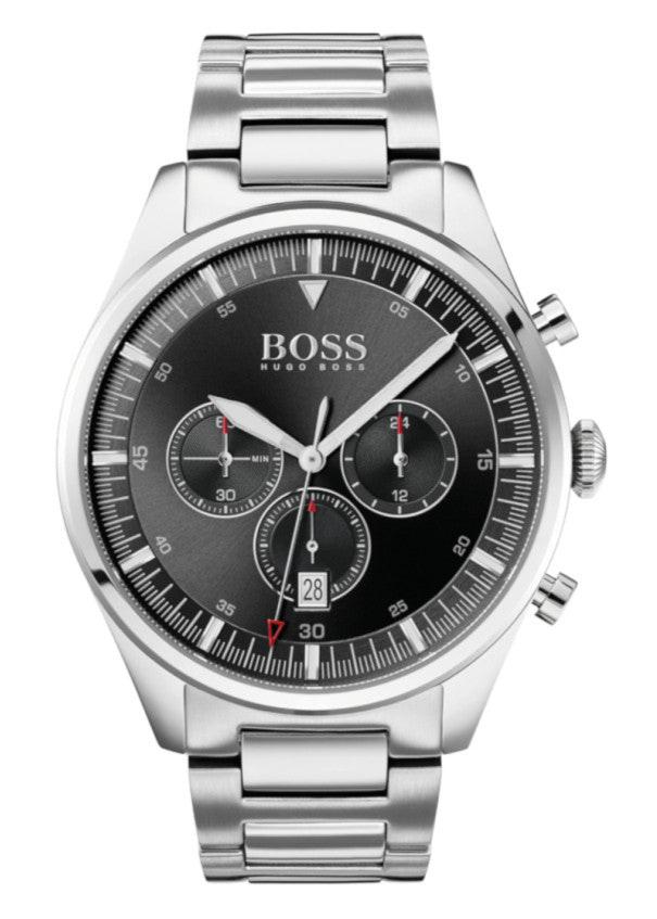 Hugo Boss Pioneer Chronograph Black Dial Silver Steel Strap Watch for Men - 1513712