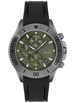 Hugo Boss Admiral Chronograph Green Dial Black Rubber Strap Watch for Men - 1513967