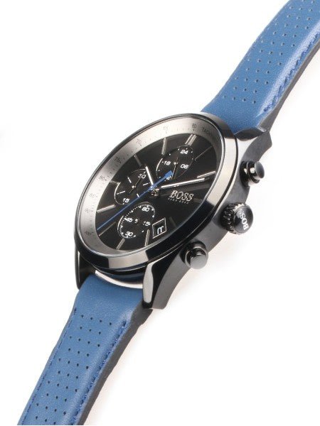 Hugo Boss Grand Prix Chronograph Black Dial Blue Leather Strap Watch for Men - 1513563