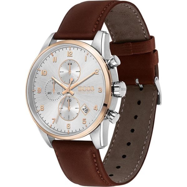 Hugo Boss Skymaster Silver Dial Brown Leather Strap Watch for Men - 1513786