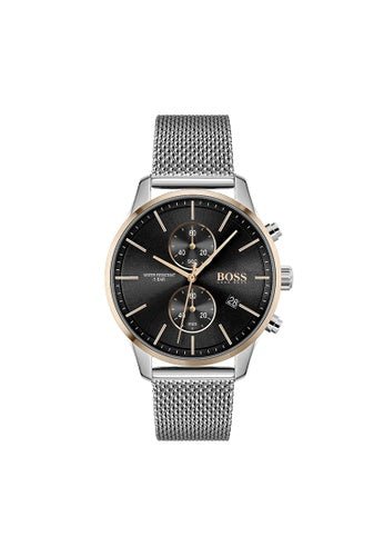 Hugo Boss Associate Black Dial Silver Mesh Bracelet Watch for Men - 1513805