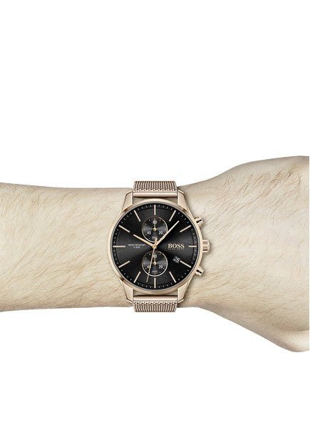 Hugo Boss Associate Black Dial Rose Gold Mesh Bracelet Watch for Men - 1513806