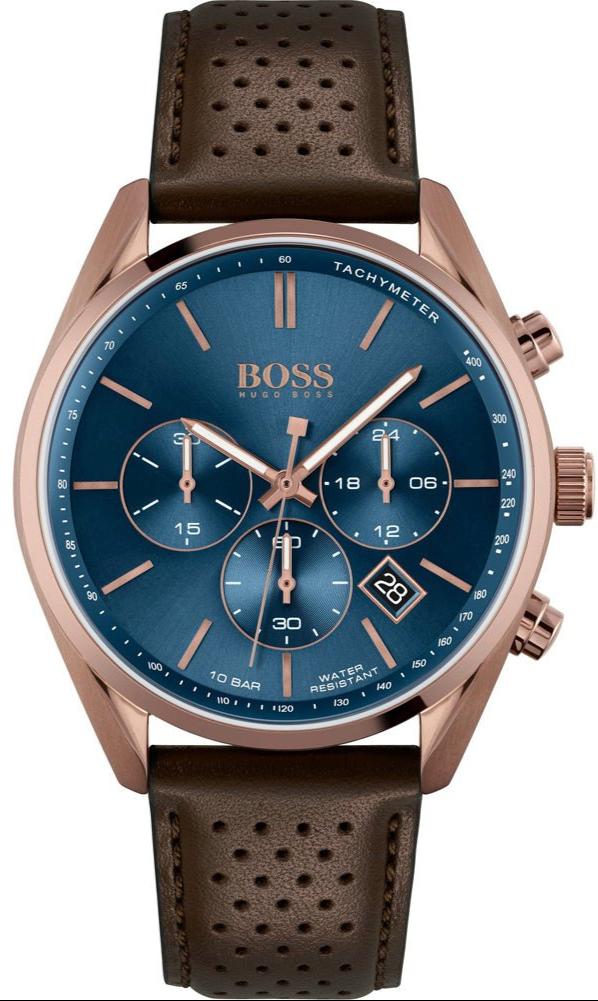 Hugo Boss Champion Chronograph Blue Dial Brown Leather Strap Watch for Men - 1513817