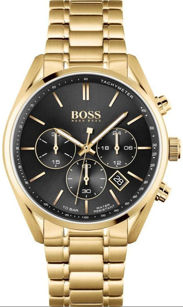 Hugo Boss Champion Chronograph Black Dial Gold Steel Strap Watch for Men - 1513848