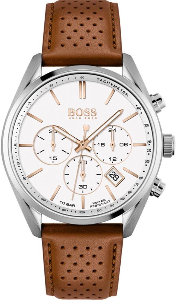 Hugo Boss Champion Chronograph White Dial Brown Leather Strap Watch for Men - 1513879