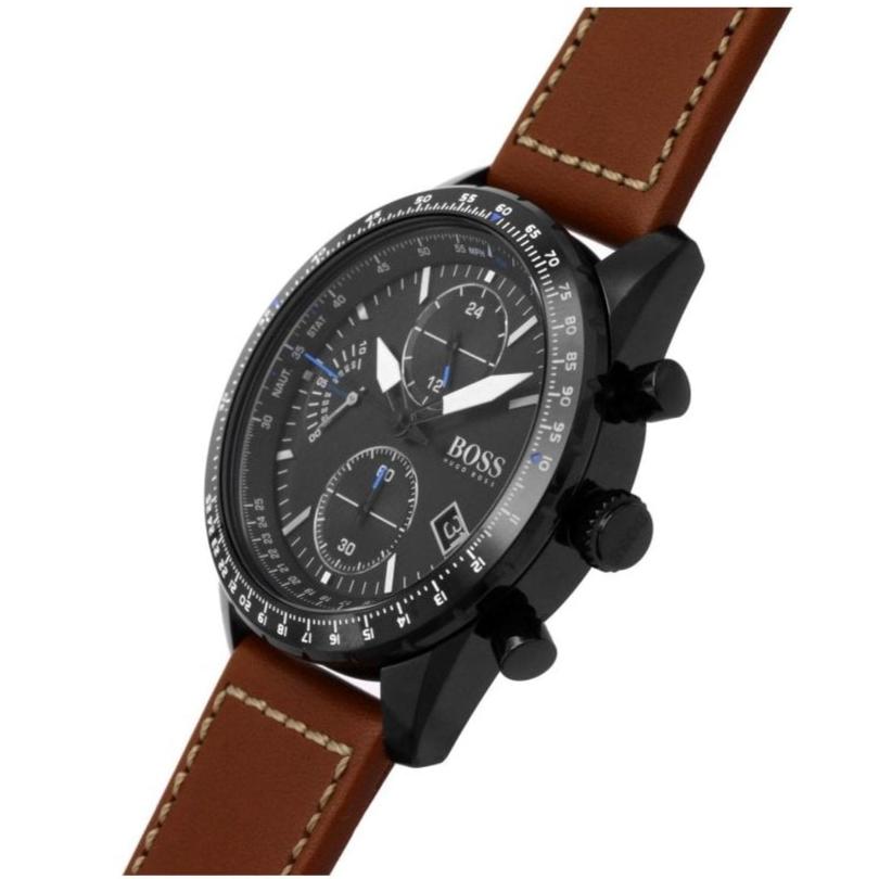 Hugo Boss Pilot Chronograph Black Dial Brown Leather Strap Watch for Men - 1513851